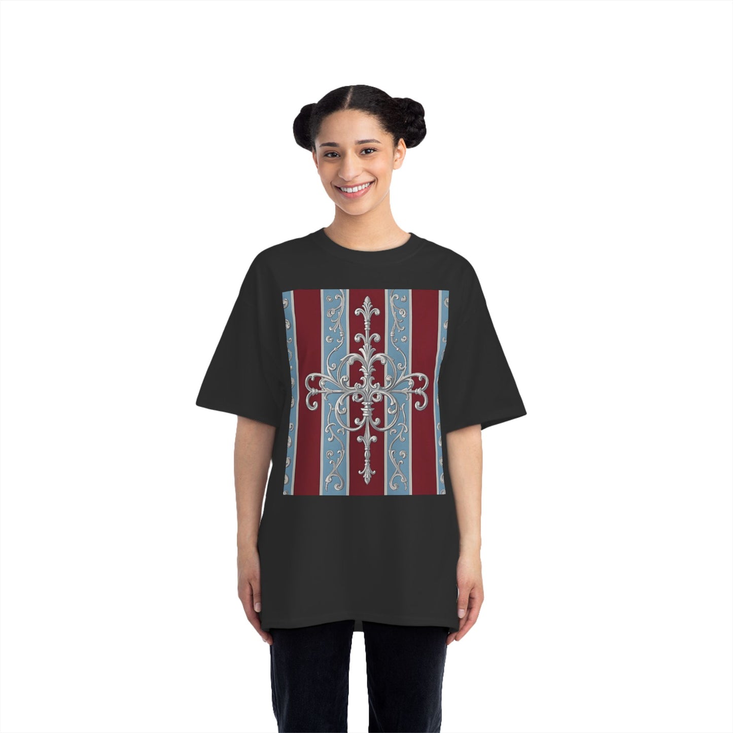 Elegant Vintage-Inspired Short-Sleeve T-Shirt, Classic Graphic Tee, Retro Style Shirt, Unisex, Casual Wear - Ice Blue & Burgundy Striped Baroque