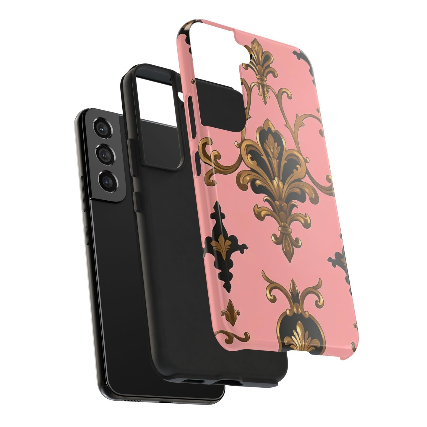 Chic Tough Phone Cases with Floral Design, Elegant Phone Cover, Durable Smartphone Case, Stylish Tech Accessory - Pink, Black & Gold Rococo