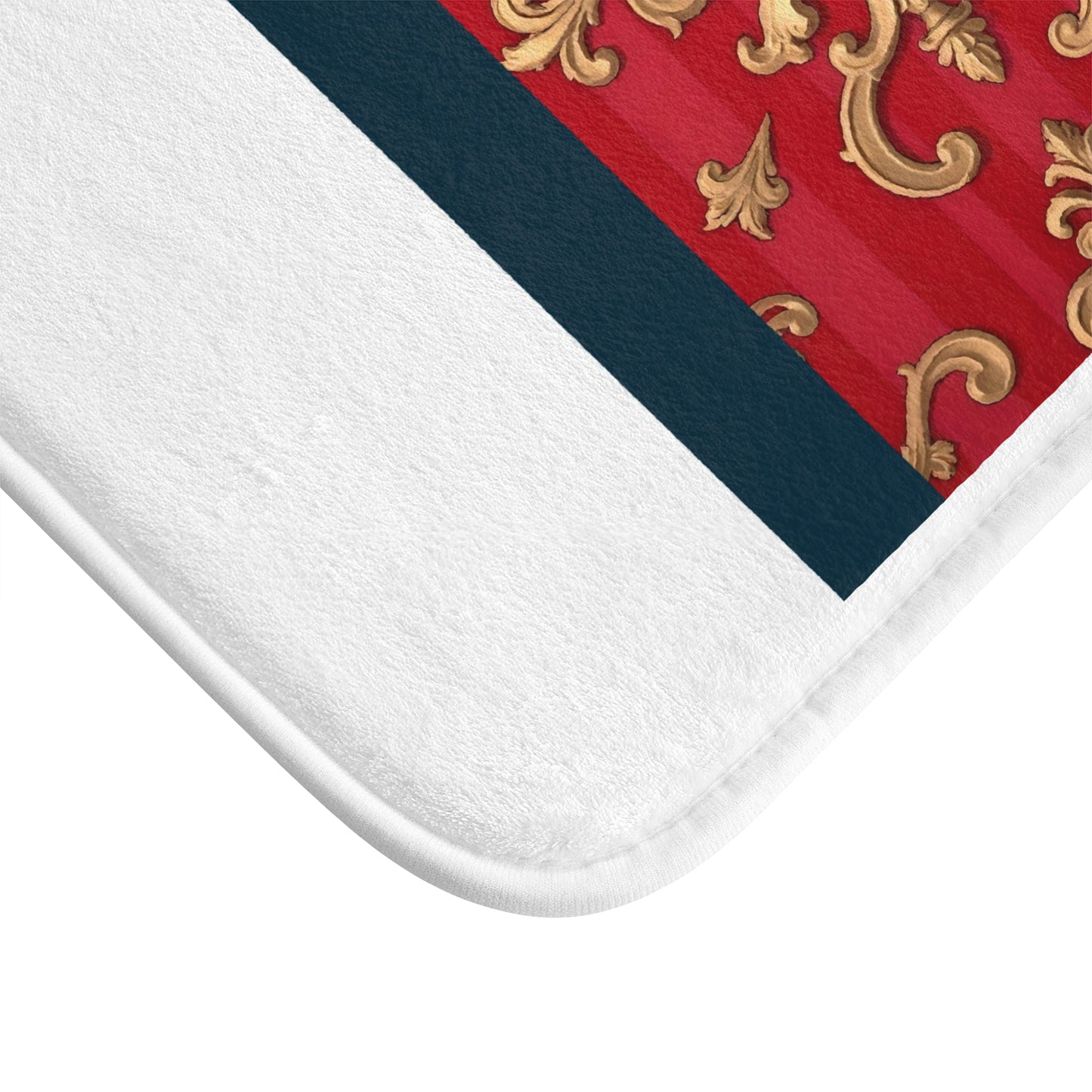 Elegant Red and Gold Decor Bath Mat, Luxurious Bathroom Accessory, Home Decor, Christmas Gift - Blue, Red & White Striped Baroque