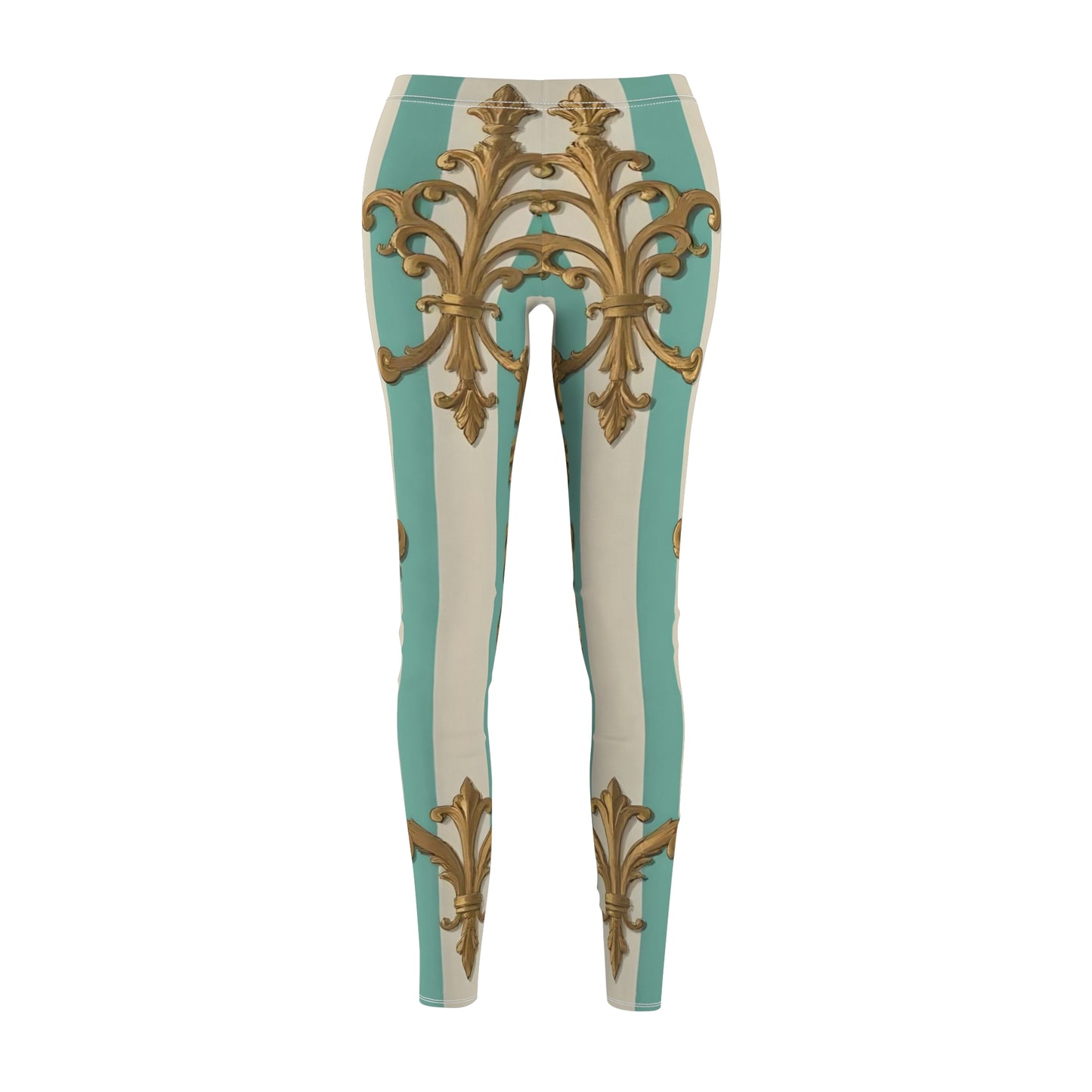 Elegant Boho Style Women's Leggings, Casual Activewear, Artful Printed Yoga Pants - Matte Green Striped Rococo