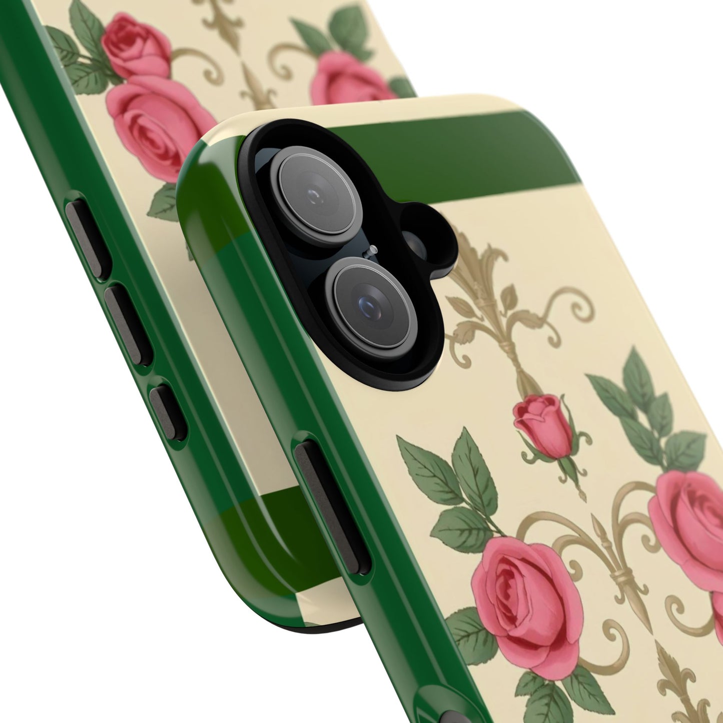 Elegant Floral Motif Phone Case - Tough Cases with Vintage Design - Green Border Roses & Damask