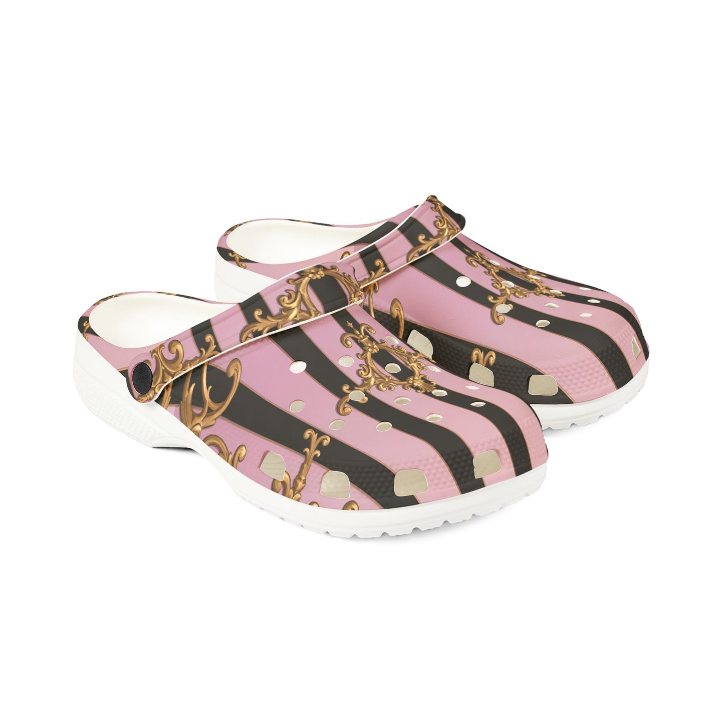 Chic Patterned EVA Foam Clogs, Stylish Garden Shoes, Fun Slip-On Footwear, Trendy Indoor - Matte Lavender & Black Striped Gold Baroque