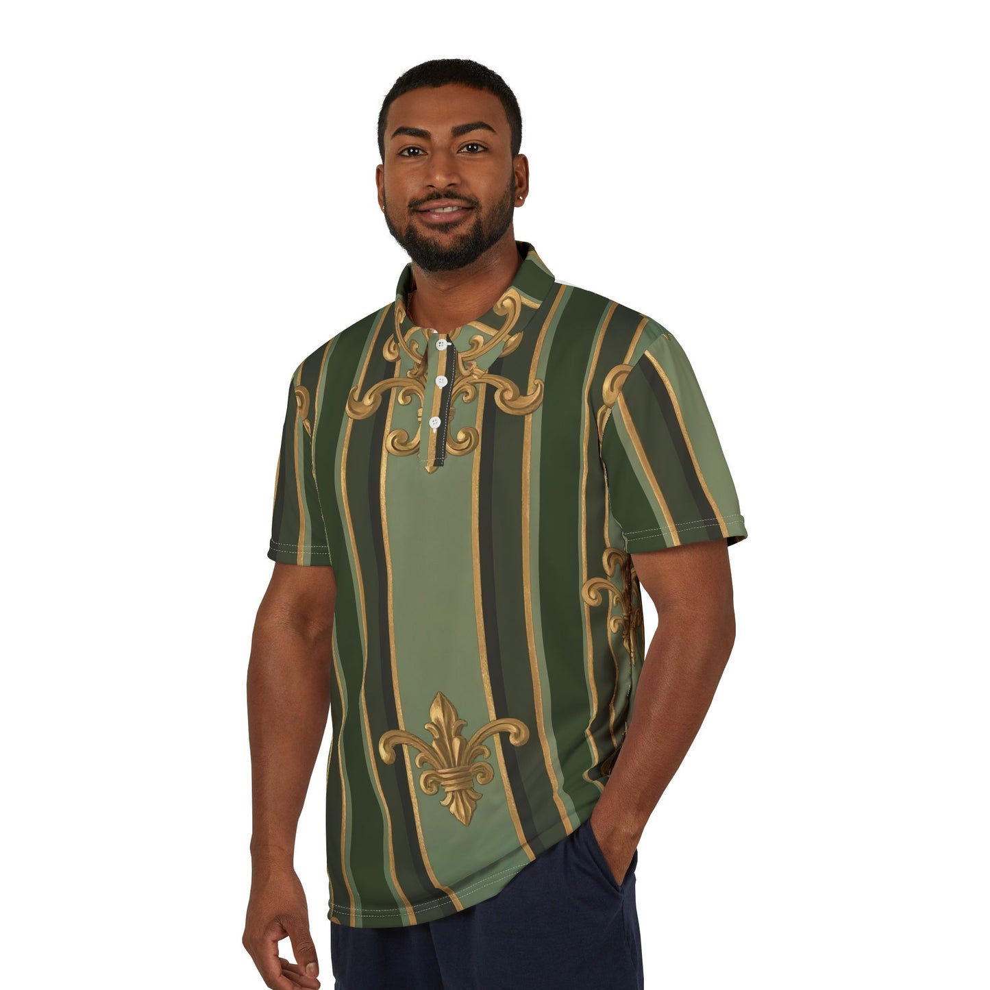 Elegant Green Striped Unisex Polo Shirt, Casual Wear, Summer Fashion, Gift for Him or Her, Party Attire - Green Striped Gold Baroque