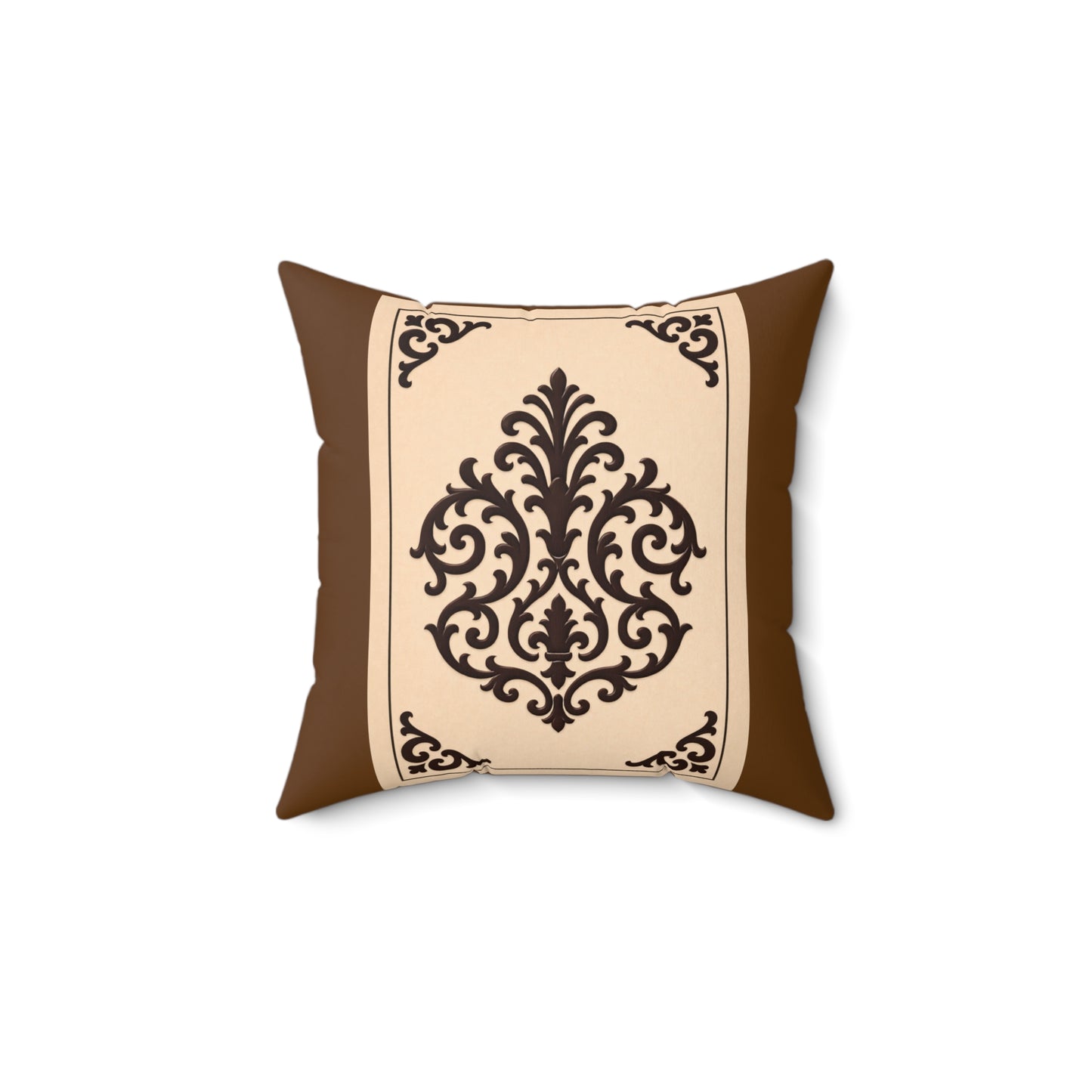 Almond-Beige & Brown Baroque Suede Pillow — Brown Ornate Square Throw Pillow