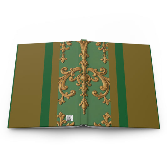Elegant Designer Hardcover Journal for Note-Taking, Gift for Writers, Journal for Meetings, Classic Style Notebook - Olive Green Striped Rococo