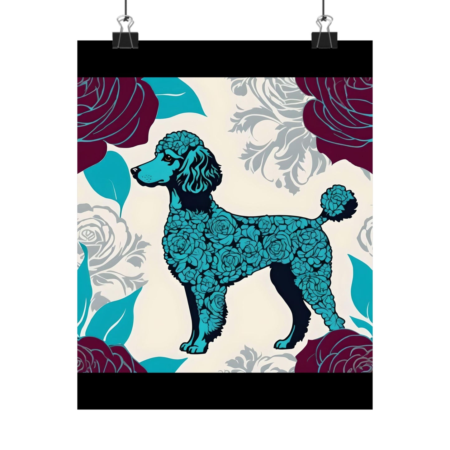 Vertical Poster - Elegant Matte Floral Art Wall Decor - Rose Inspired Turquoise Poodle With Burgundy Roses