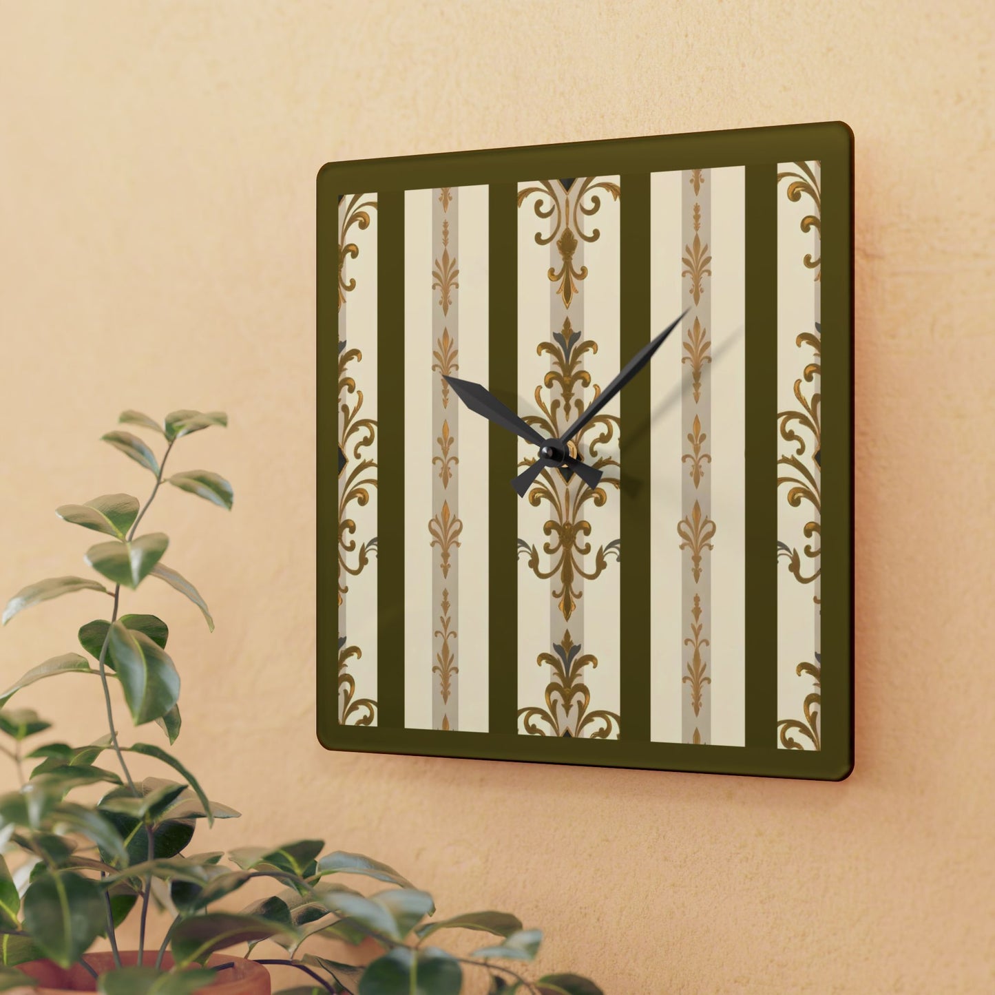 Bohemian Damask-Inspired Acrylic Wall Clock with Floral Design - Olive Striped Gold Damask