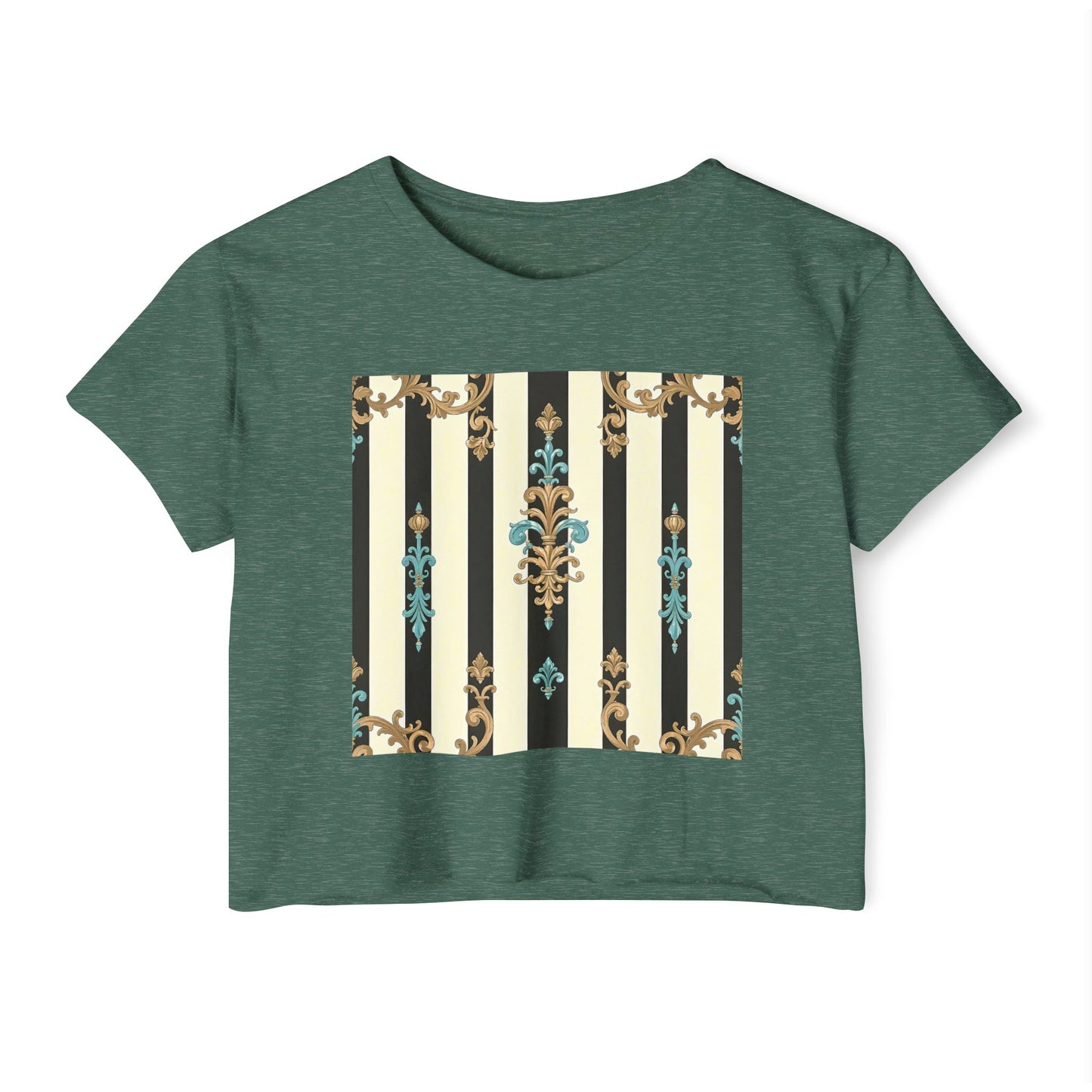 Bohemian Festival Crop Top, Stylish Summer Tee, Casual Day Out Shirt, Trendy Women’s Apparel - Black Striped Turquoise & Black Rococo