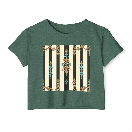 Bohemian Festival Crop Top, Stylish Summer Tee, Casual Day Out Shirt, Trendy Women’s Apparel - Black Striped Turquoise & Black Rococo