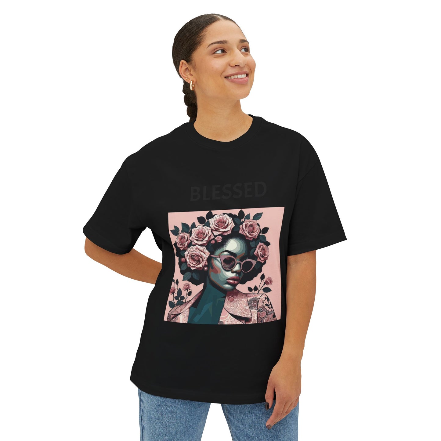 Blessed Floral Oversized Tee | Unisex Fashion, Trendy Streetwear, Gift Idea, Spiritual Apparel, Chill Vibe Shirt - Black Lettering