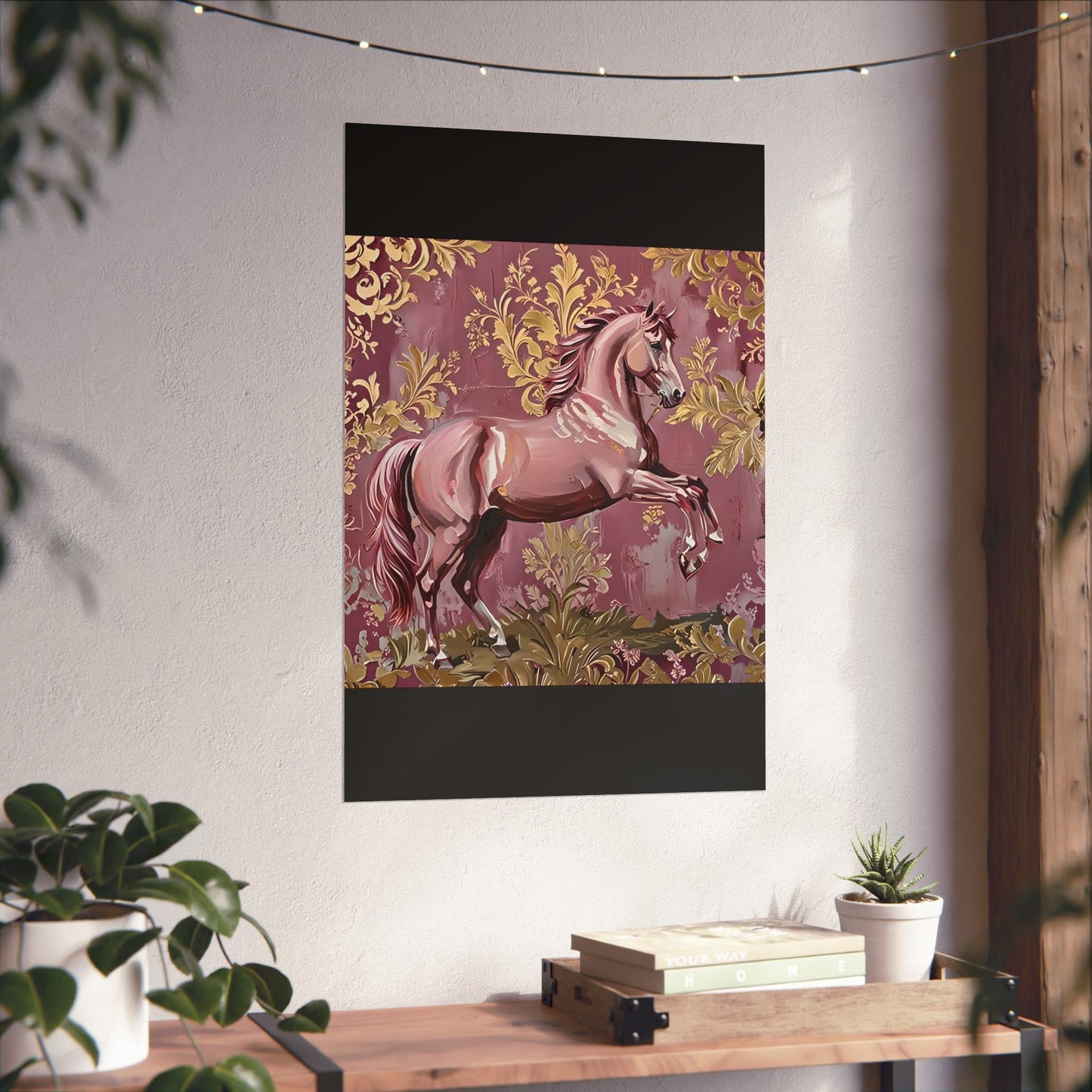 Floral Motif Art Poster - Elegant Matte Vertical Wall Decor - Mauve Horse & Gold Damask