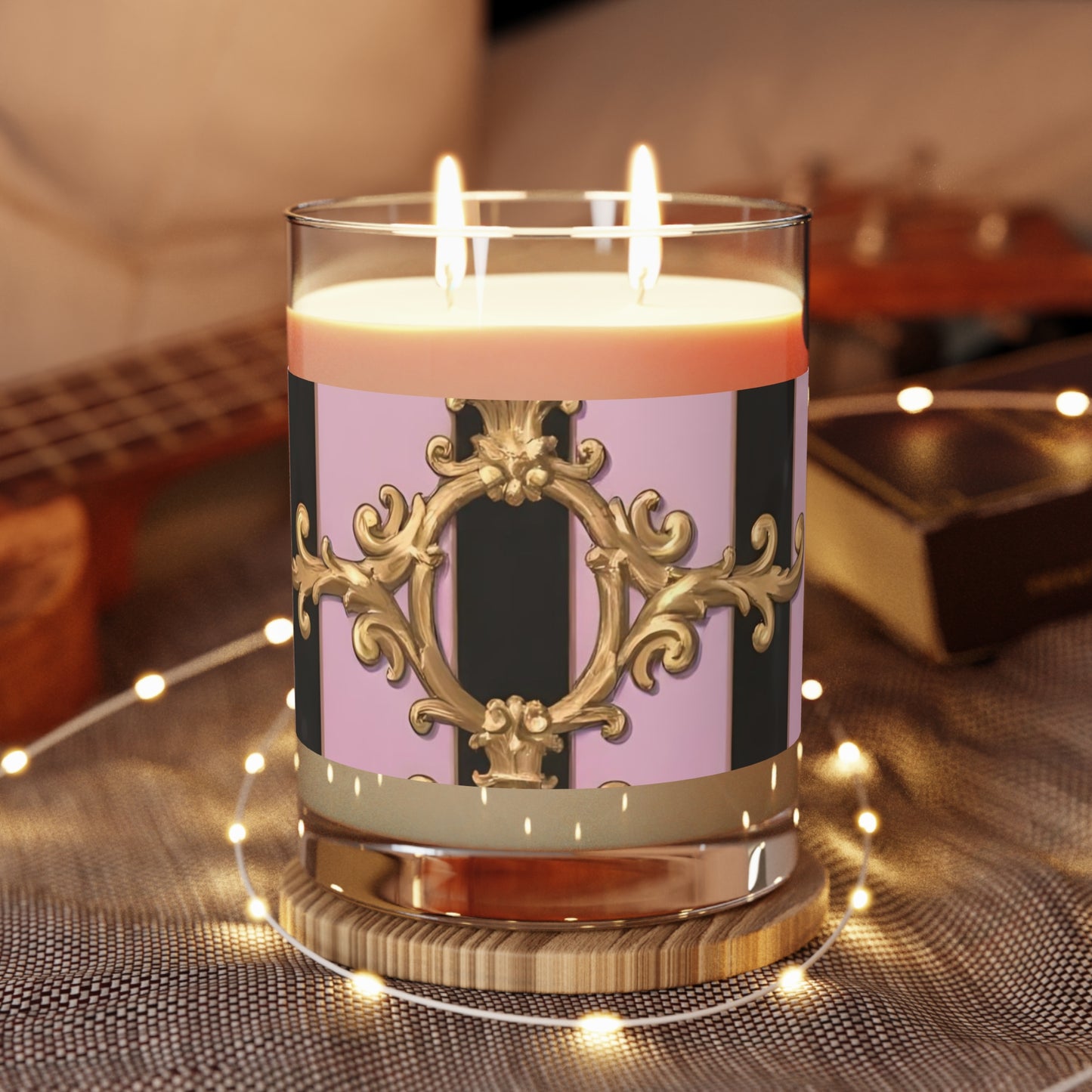 Elegant Pink Floral Scented Candle - Luxurious Home Decor, Gift for Her, Aromatherapy, Relaxation - Matte Lavender & Black Striped Gold Baroque