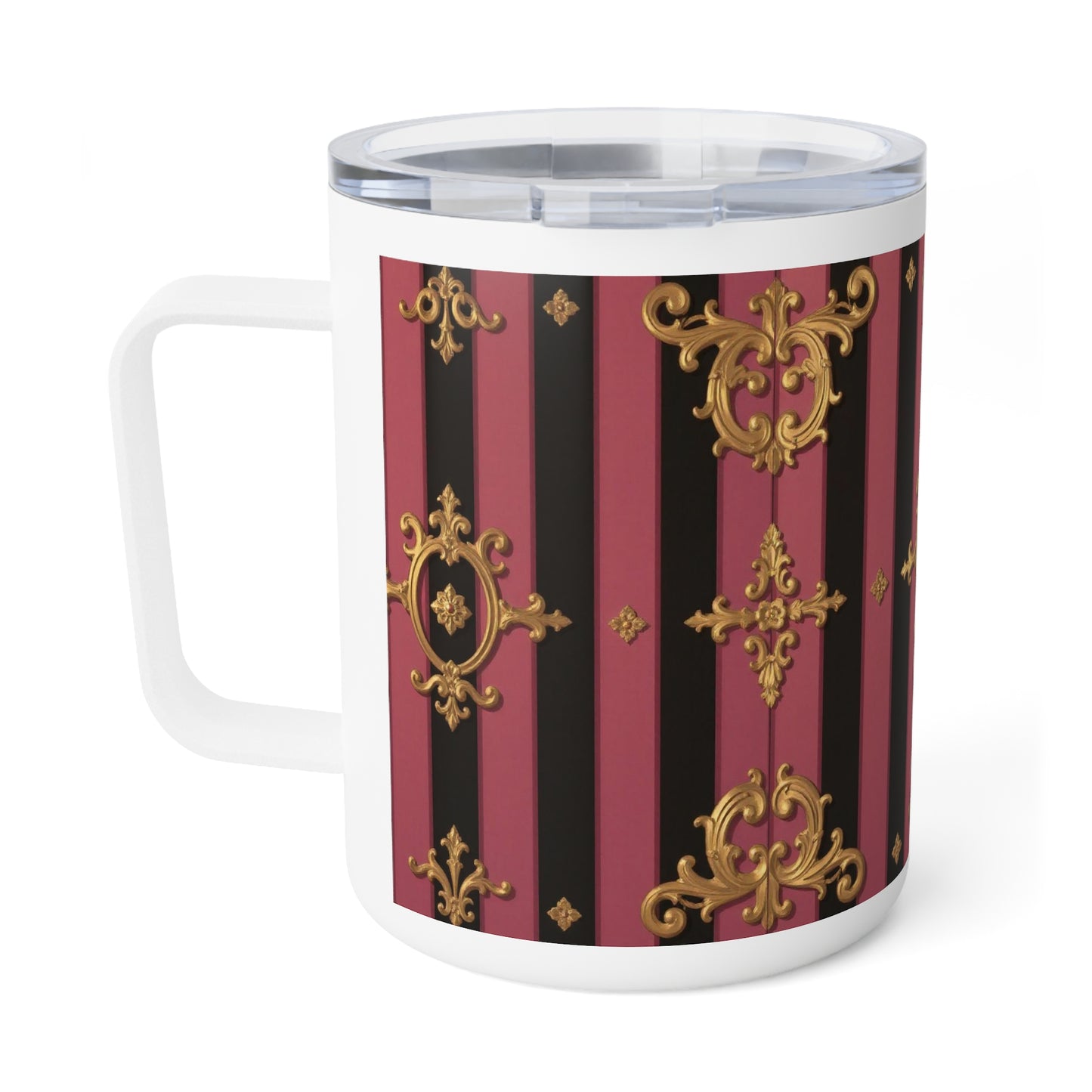 Elegant Black & Mauve Striped Gold Baroque Insulated Coffee Mug - Vintage Gold and Stripes Design | Gift for Coffee Lovers, Travel Mug, Tea Lovers