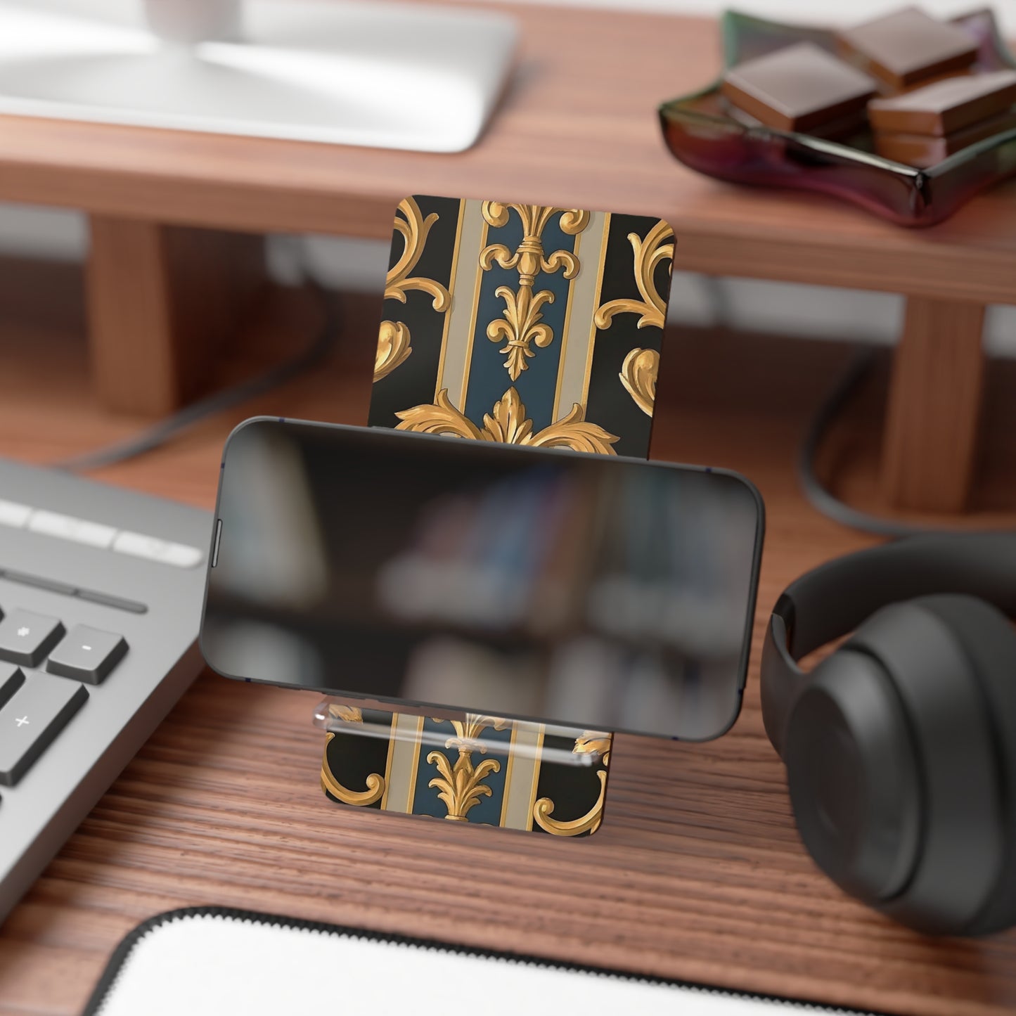 Elegant Smartphone Stand, Decorative Phone Holder, Luxurious Mobile Display, Stylish Desk Accessory - Blue & Black Striped Rococo