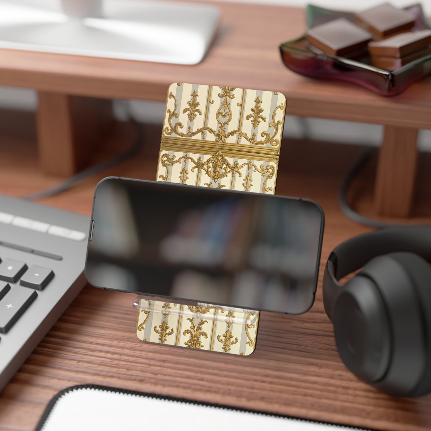 Elegant Smartphone Display Stand, Decorative Phone Holder, Stylish Desk Organizer - Matte Gray & Cream Striped Gold Baroque