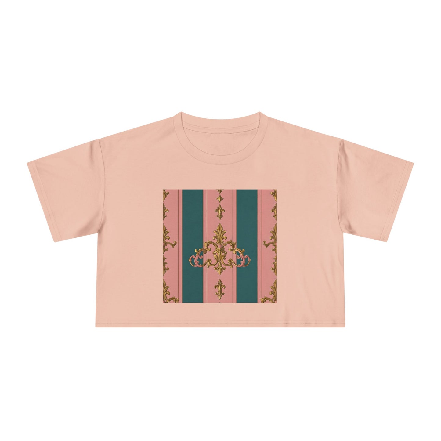 Baroque Vintage Women's Crop Tee, Casual Top, Summer Fashion, Trendy Shirt, Graphic T-Shirt, Gift for Her - Pink & Teal Striped Gold Baroque