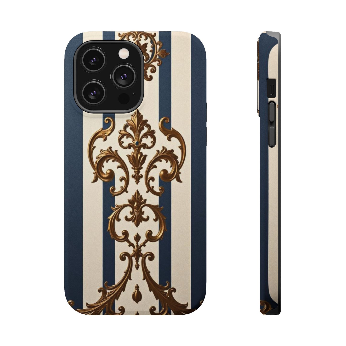Elegant Striped Magnetic Tough Case - Classic Blue and Gold Damask Design