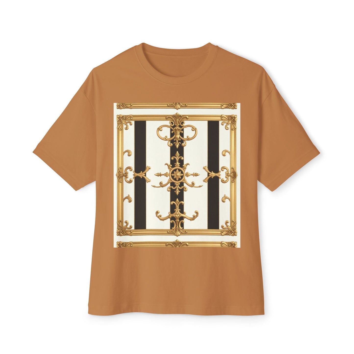 Chic Oversized Boxy Tee with Elegant Gold Design, Fashion T-Shirt, Streetwear Top, Casual Wear - Black & White Striped Gold Baroque