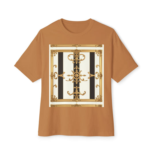Chic Oversized Boxy Tee with Elegant Gold Design, Fashion T-Shirt, Streetwear Top, Casual Wear - Black & White Striped Gold Baroque