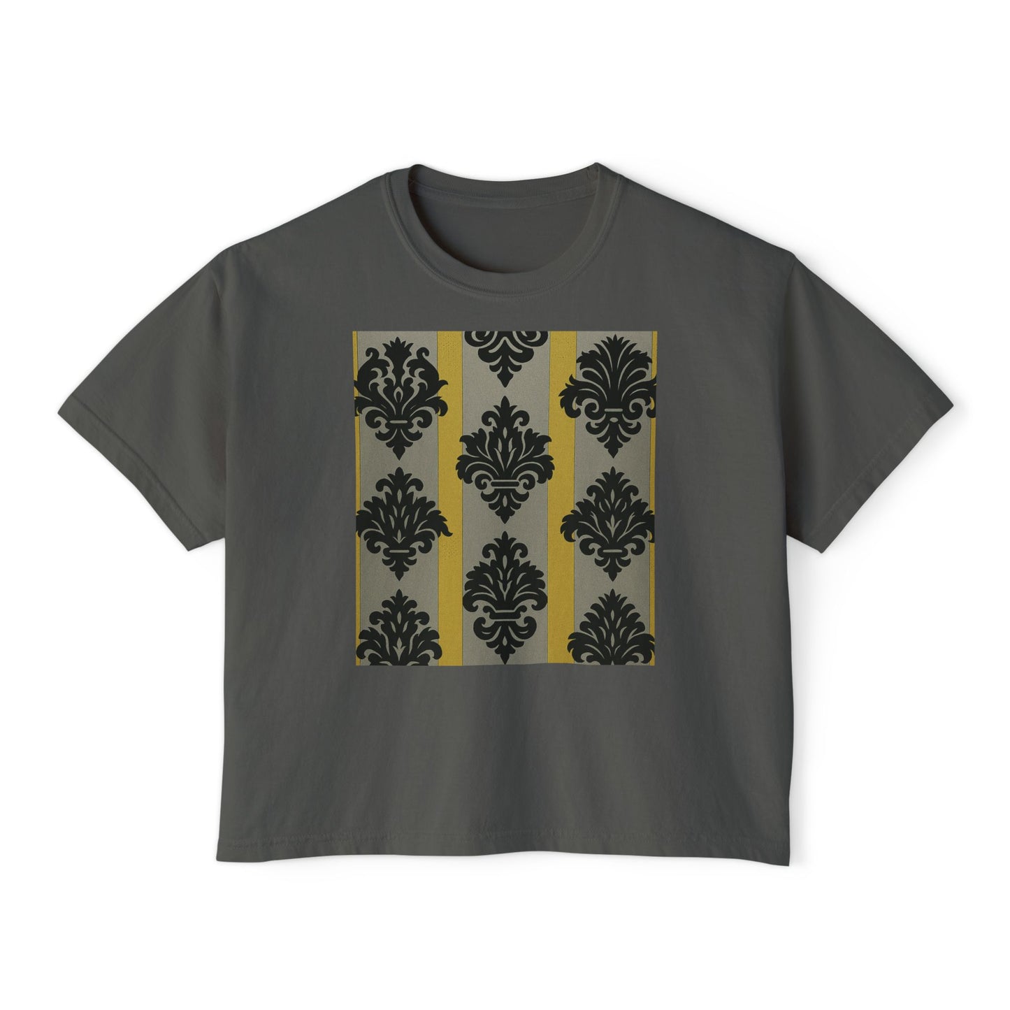 Chic Women's Boxy Tee - Stylish Casual Top, Vintage Graphic Tee, Trendy Summer Shirt, Gift for Her - Silver & Gold Striped Black Baroque