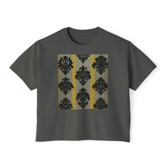 Chic Women's Boxy Tee - Stylish Casual Top, Vintage Graphic Tee, Trendy Summer Shirt, Gift for Her - Silver & Gold Striped Black Baroque