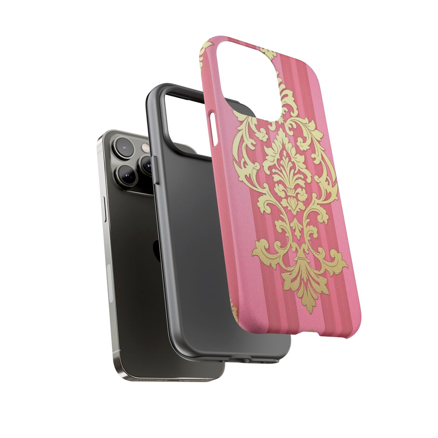 Elegant Floral Motif Phone Case - Tough Cases with Vintage Design - Pink Striped Damask