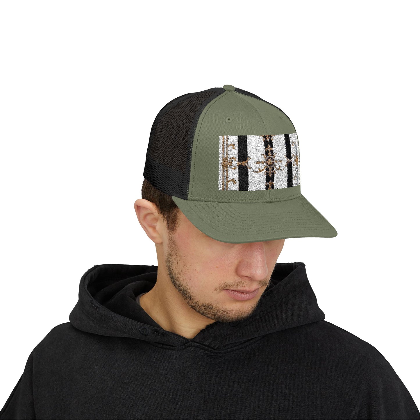 Trendy Snapback Trucker Cap, Casual Fashion Hat, Summer Accessory, Gift Idea for Cool Teens, Outdoor Activities - Black & White Striped Gold Baroque