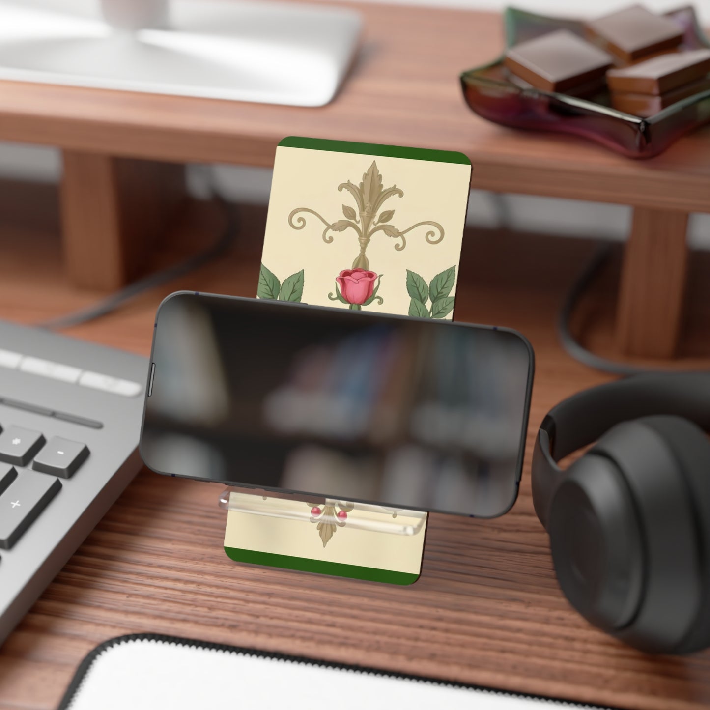 Elegant Floral Smartphone Display Stand -Green Border Roses & Damask - Decorative Mobile Holder