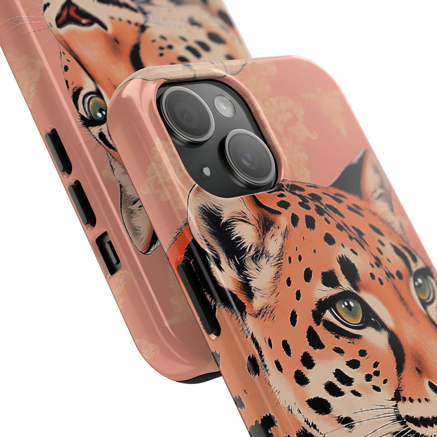 Leopard Tough Phone Case - Trendy Floral Motif Design for Animal Lovers - Peach Leopard & Damask
