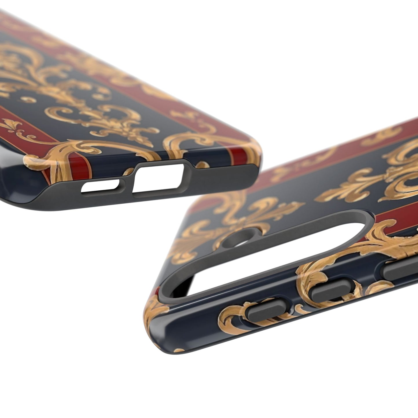 Elegant Floral Motif Phone Case - Tough Cases with Vintage Design - Midnight Blue & Dusk Red Striped Gold Damask