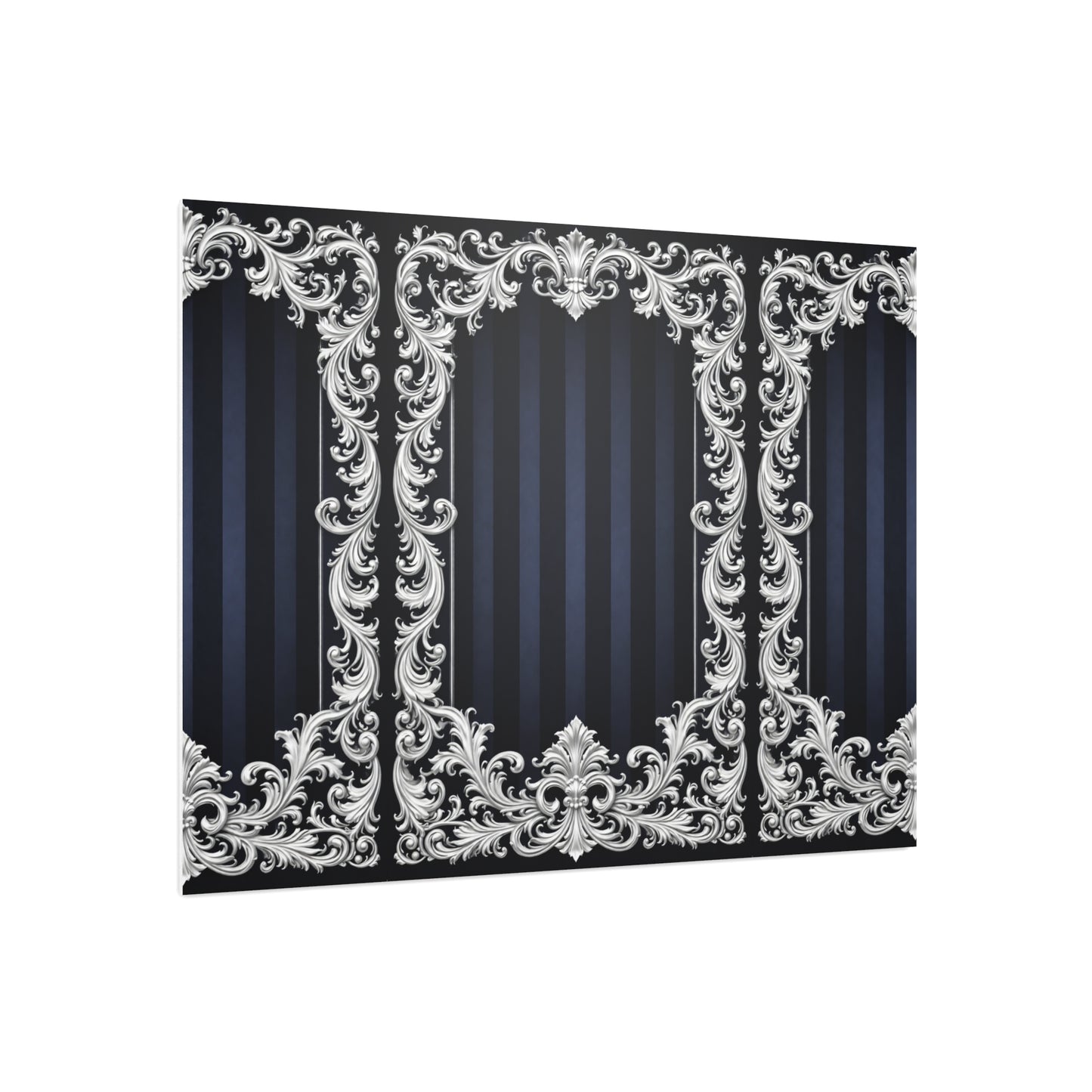 Navy Stripes & Baroque Foam Board Backdrop — Ornate Silver Scroll Panel