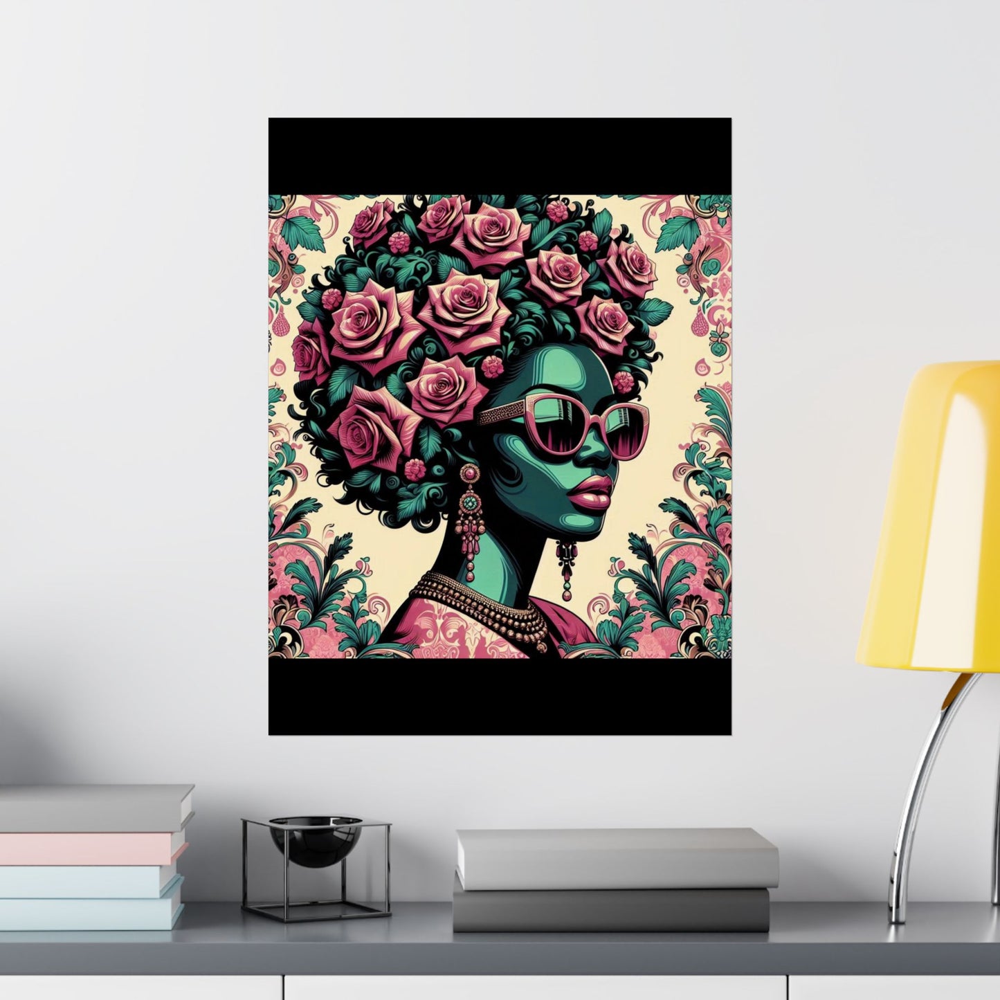 Floral Afro Art Poster - Elegant Matte Vertical Wall Decor - Teal Lady With Damask & Roses