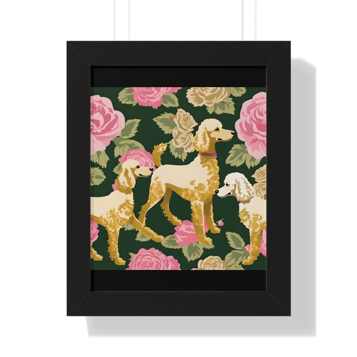 Vertical Poster - Stylish Framed - Art for Home Decor - Poodles In Dark Green & Pink Roses