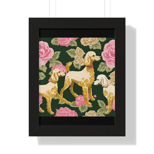 Vertical Poster - Stylish Framed - Art for Home Decor - Poodles In Dark Green & Pink Roses