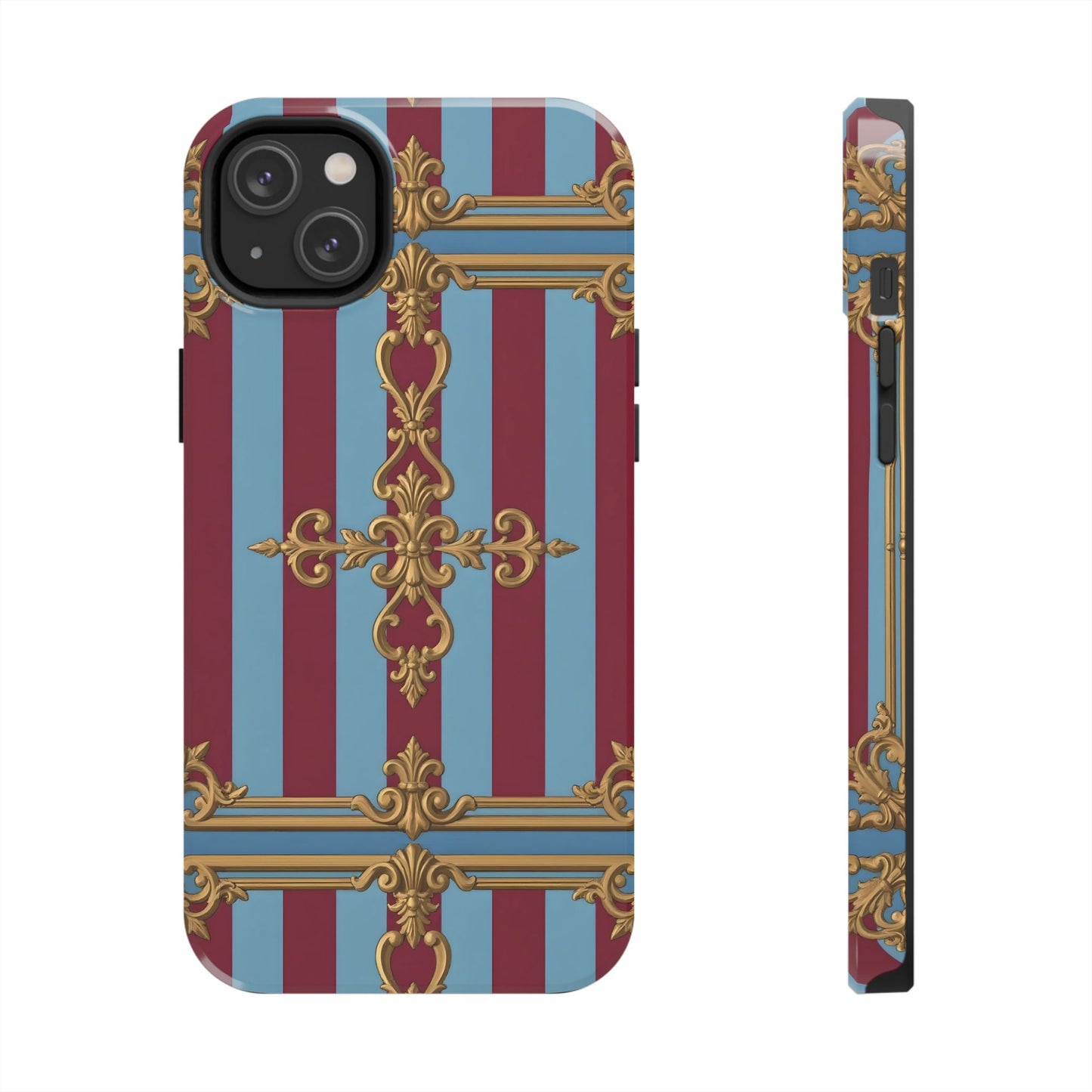 Elegant Patterned Tough Phone Cases, Stylish Phone Cover, Durable Phone Protection, Unique Gift Idea - Sky Blue & Maroon Striped Baroque