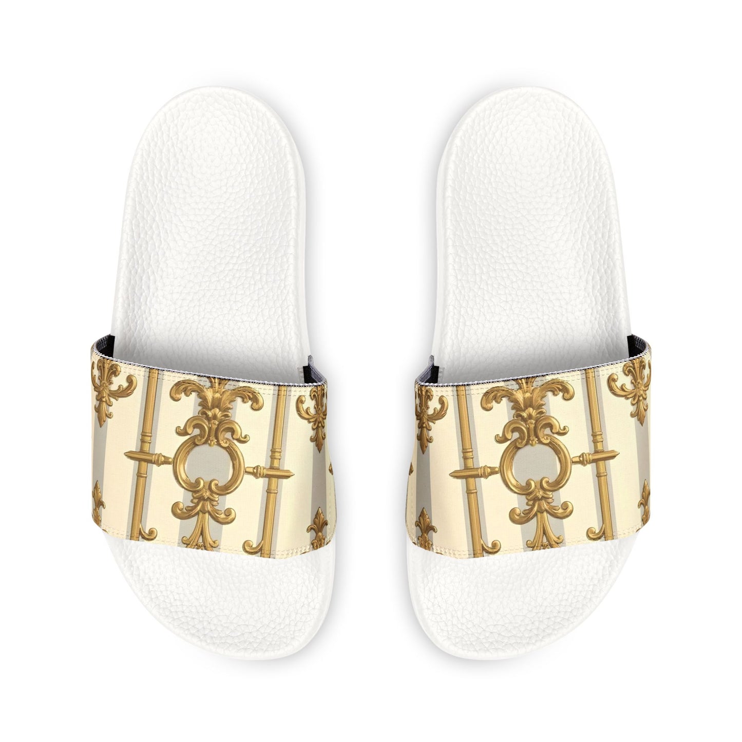 Chic Women's Removable-Strap Sandals, Stylish Summer Footwear, Perfect for Beach Days - Matte Gray & Cream Striped Gold Baroque