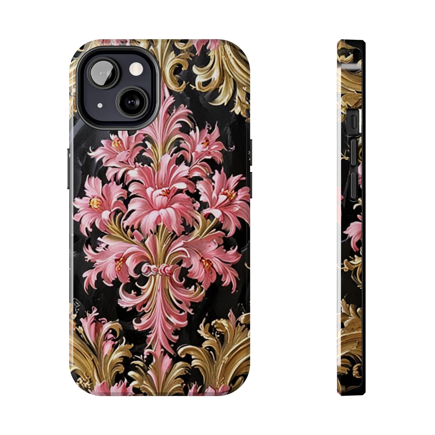 Elegant Floral Tough Phone Cases | Stylish Protection for Her | Gift for Birthdays - Black & Pink Oil Painting Style Rococo