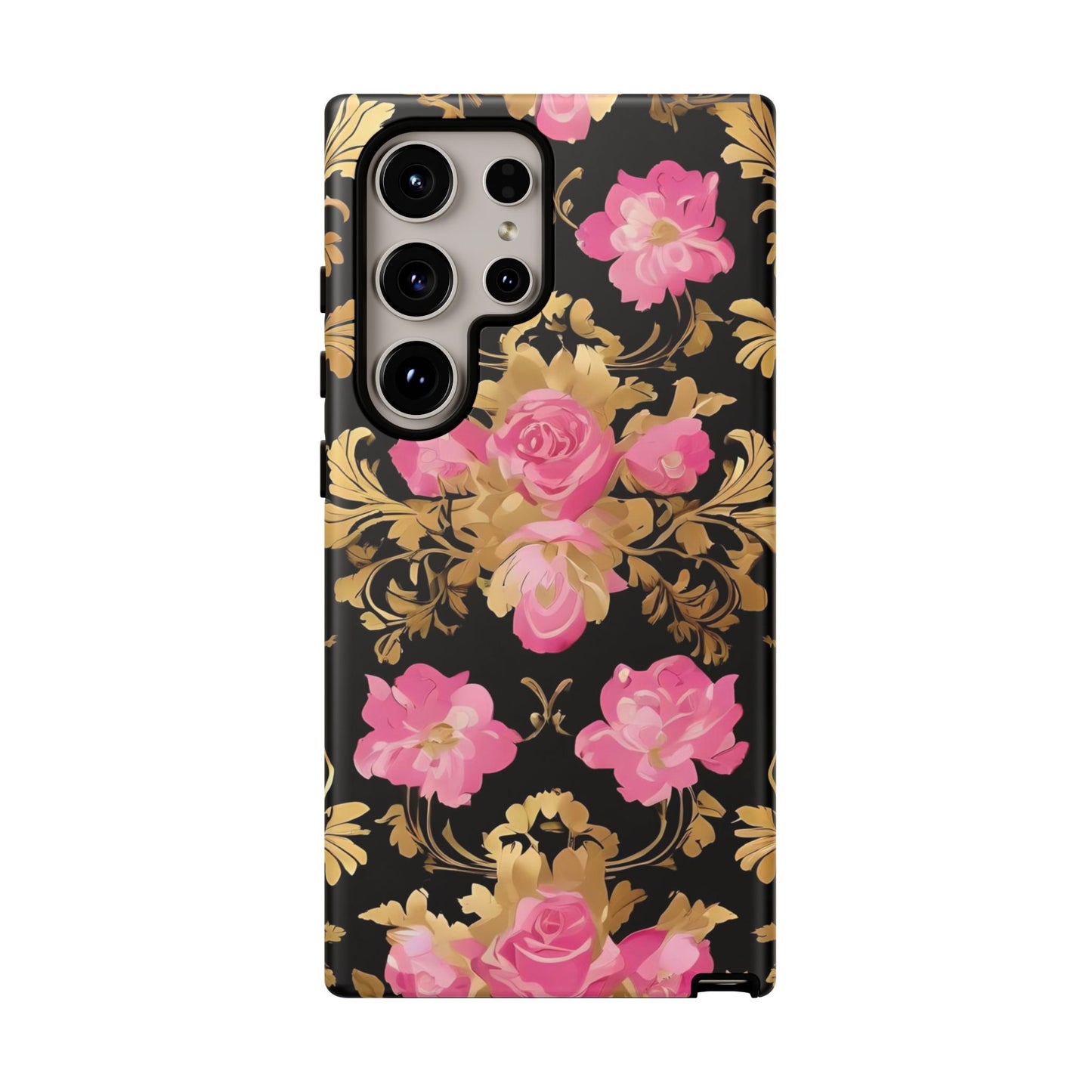Elegant Floral Motif Phone Case - Tough Cases with Vintage Design - Pink & Gold Roses