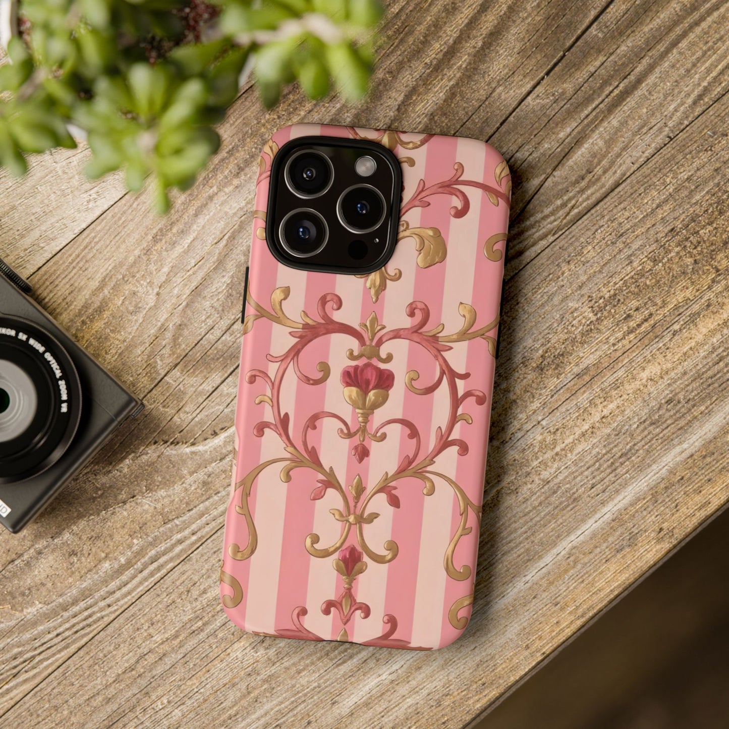 Elegant Floral Motif Phone Case - Tough Cases with Vintage Design - Pink Striped Rose Gold Damask