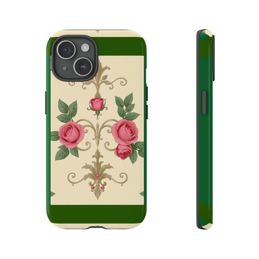Elegant Floral Motif Phone Case - Tough Cases with Vintage Design - Green Border Roses & Damask