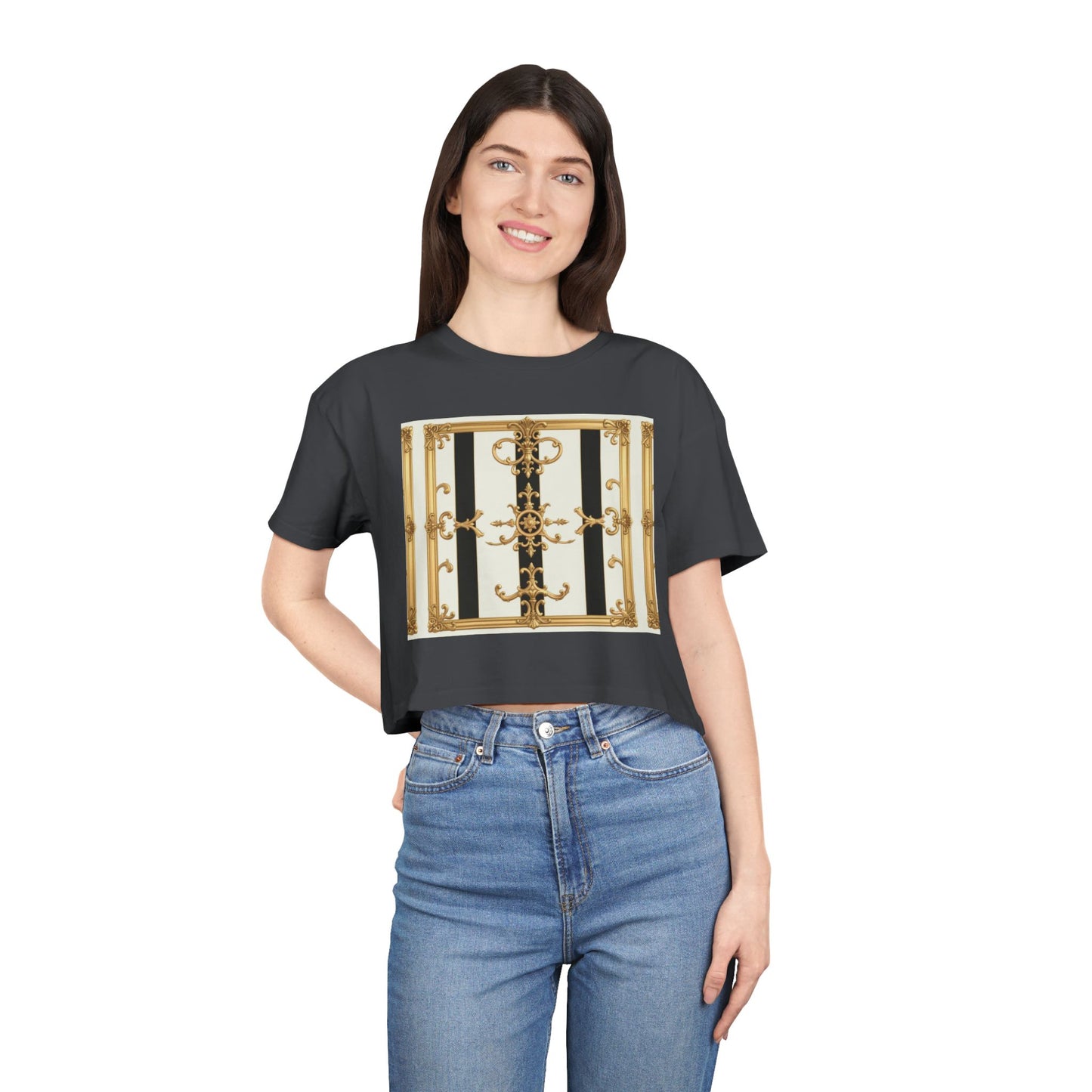 Chic Gold Baroque Women's Crop Tee, Stylish Summer Top, Fashionable Gift for Her, Casual Fashion - Black & White Striped Gold Baroque