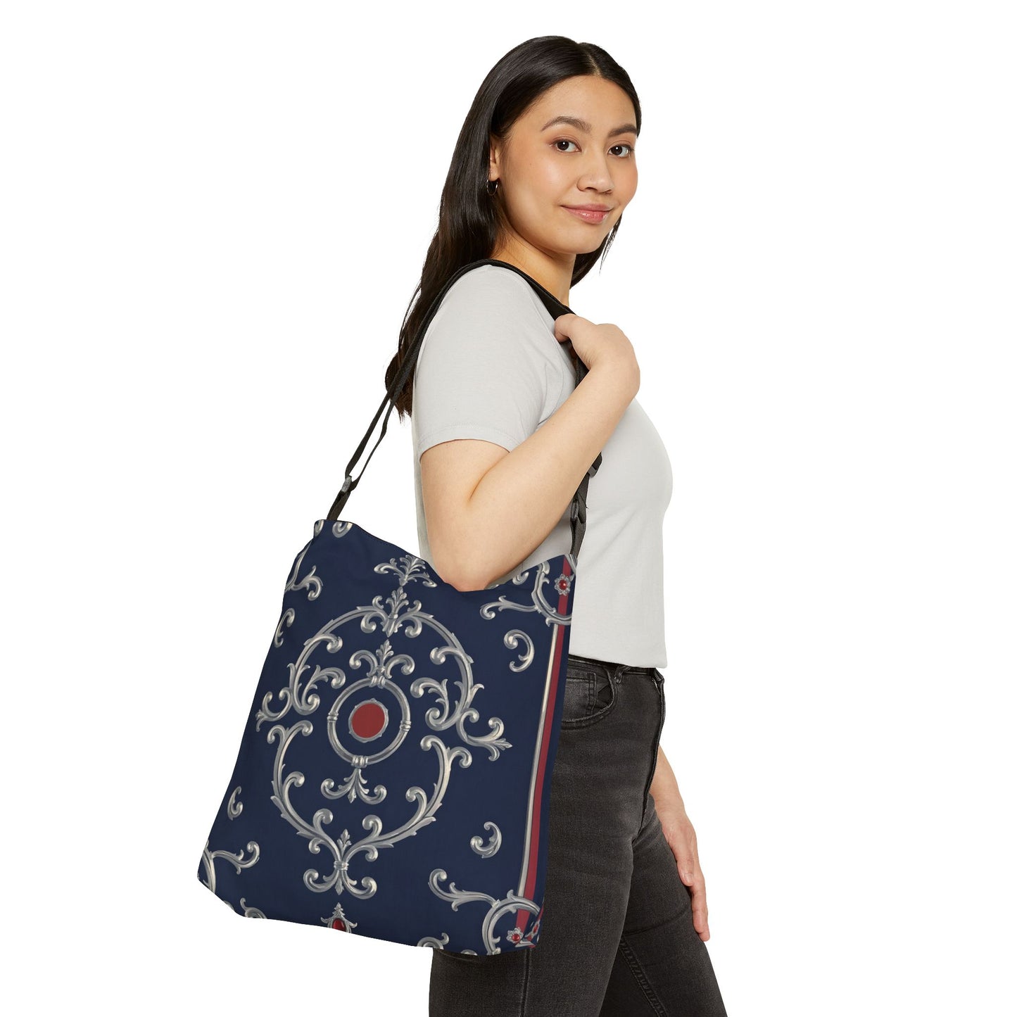 Elegant Adjustable Tote Bag – Stylish Handbag for Everyday Use, Chic Shopping Bag, Perfect for Gifts, Travel or Events - Blue & Red Silver Baroque