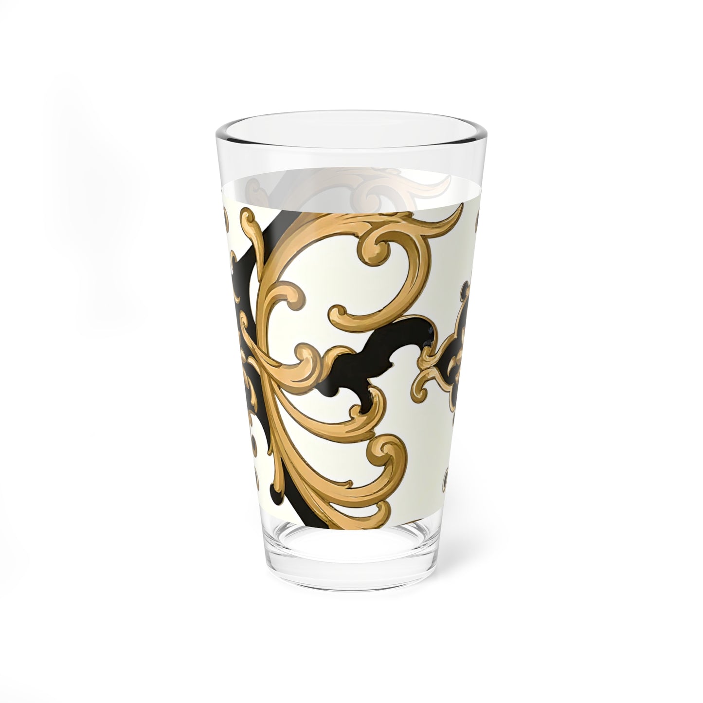 Elegant Ornate Mixing Glass, 16oz - Decorative Barware, Cocktail Glass, Engraved Drinkware - Black & Gold Rococo