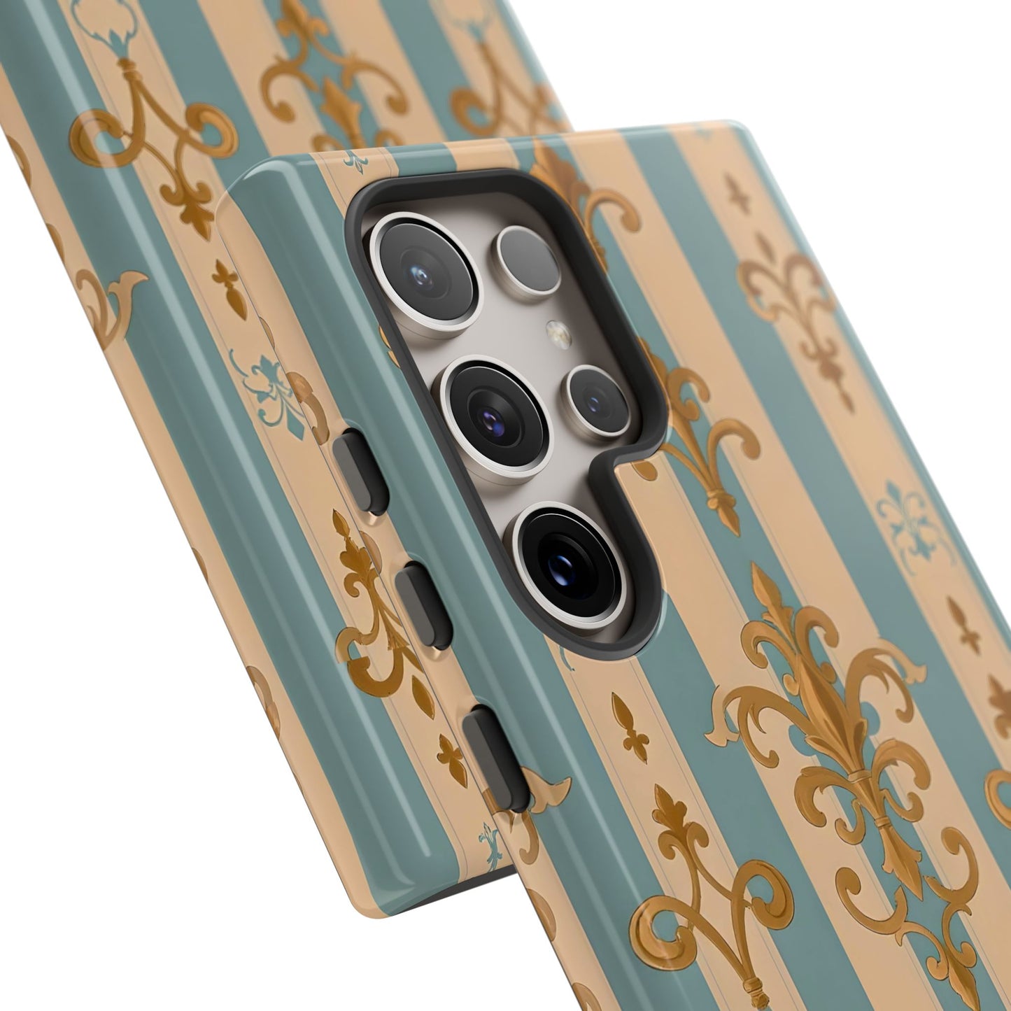 Elegant Floral Motif Phone Case - Tough Cases with Vintage Design -  Beige & Sky Blue Striped Gold Damask