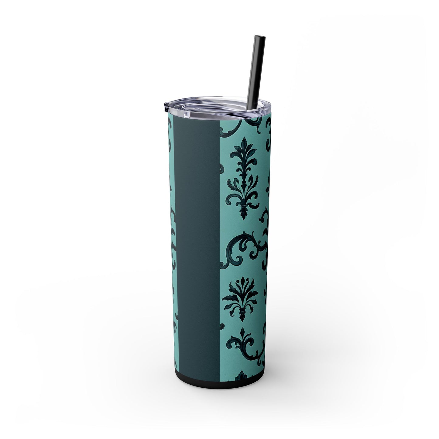 Elegant Floral Skinny Tumbler with Straw, 20oz, Personalized Drinkware, Stylish Travel Mug, Great Gift for Her - Teal Striped Rococo