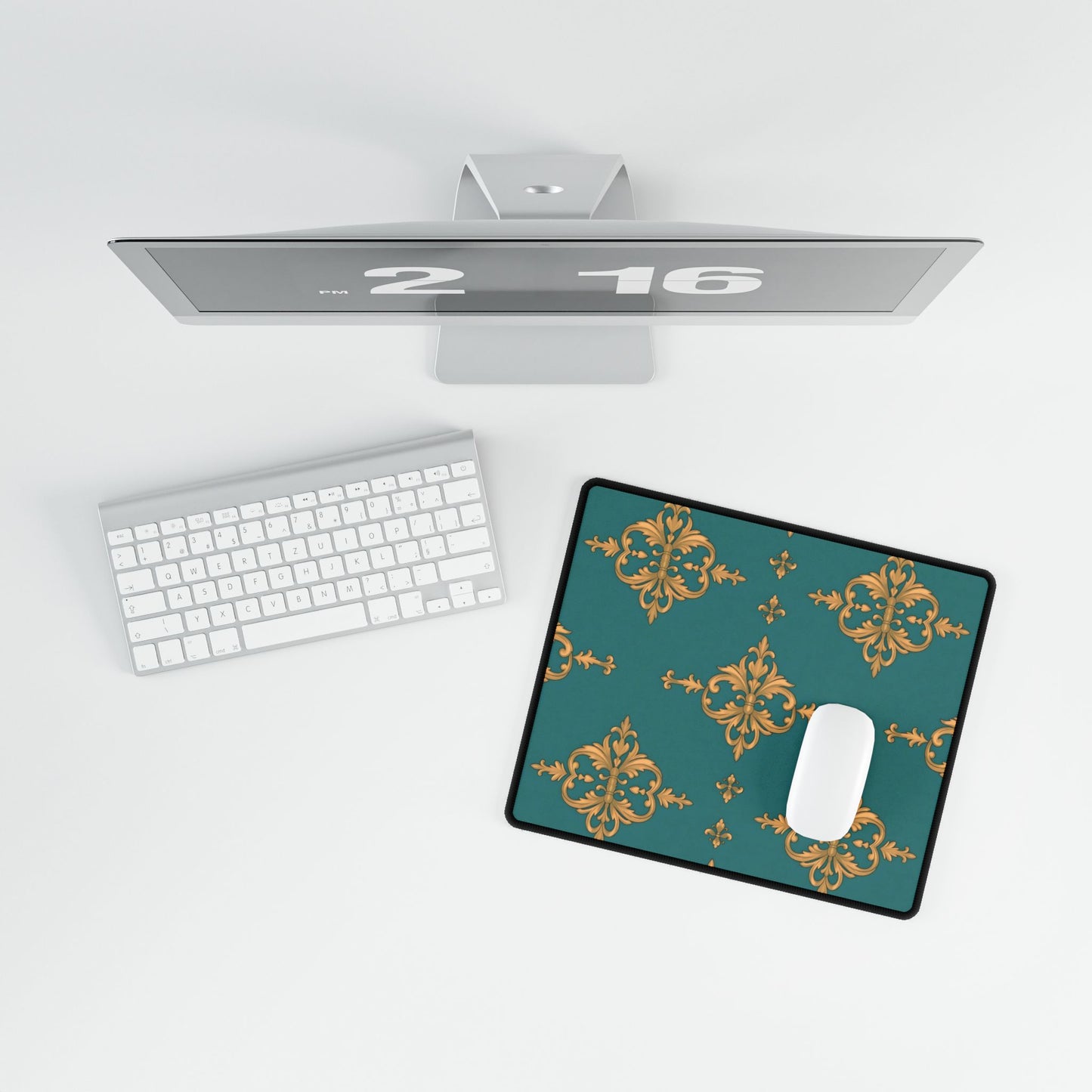 Elegant Floral Desk Mat for Home Office Decor - Teal & Gold Damask