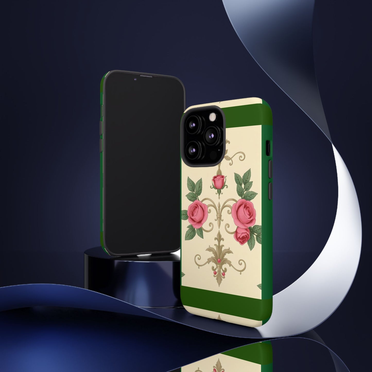Elegant Floral Motif Phone Case - Tough Cases with Vintage Design - Green Border Roses & Damask