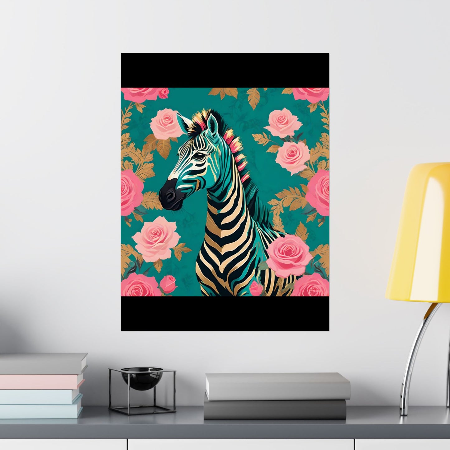 Floral Art Poster - Elegant Matte Vertical Wall Decor - Teal & Gold Zebra & Roses