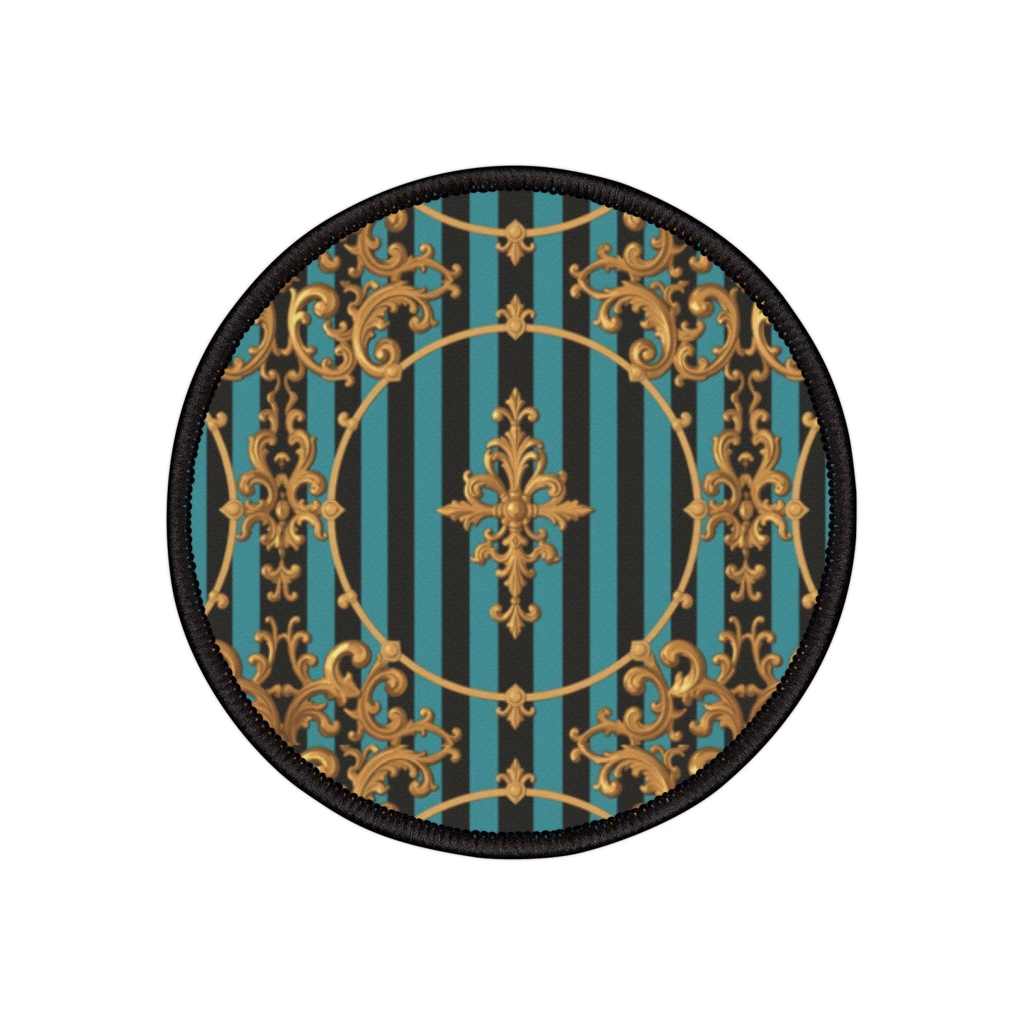 Turquoise & Black Striped Gold Baroque Iron-On Patches for Jackets, Bags, and DIY Projects | Retro Fashion, Unique Gifts
