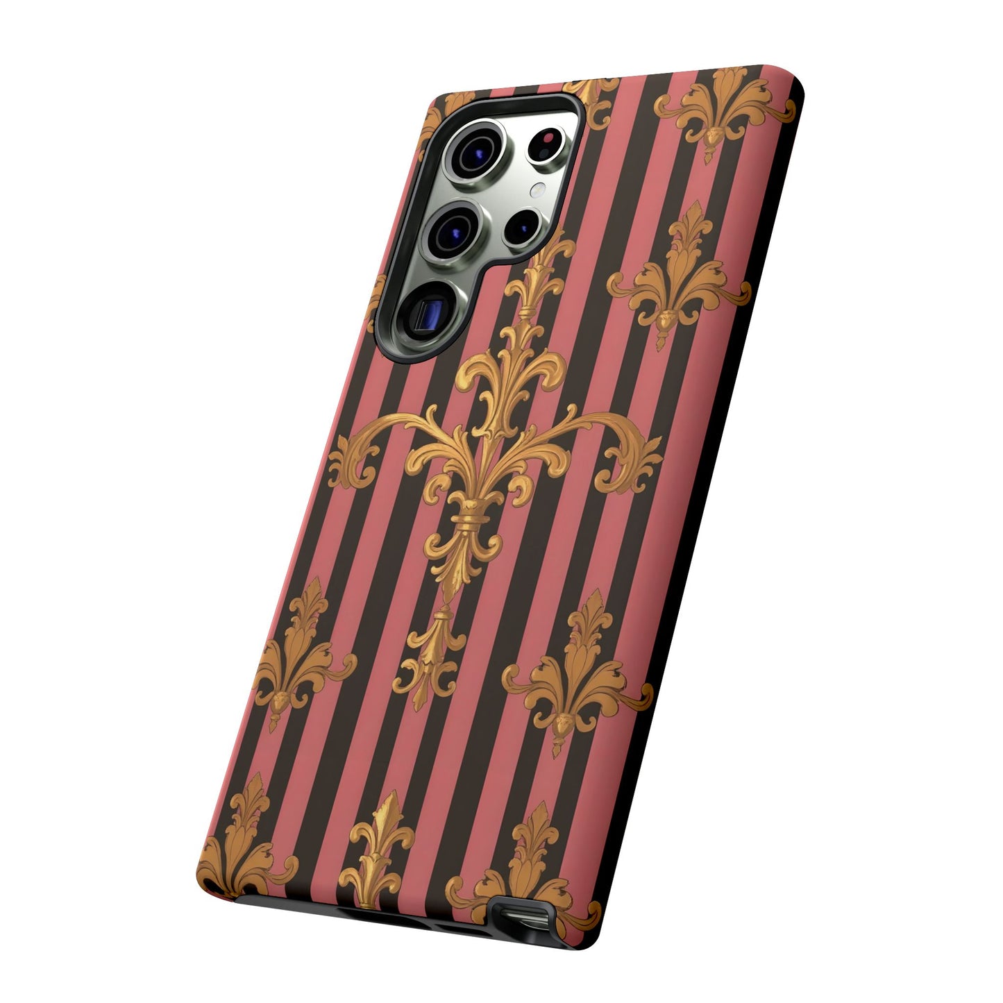 Elegant Floral Motif Phone Case - Tough Cases with Vintage Design - Mauve Striped Gold Damask